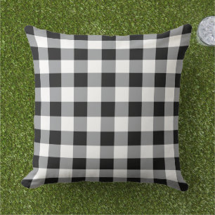 Black and White Gingham Plaid Pattern Outdoor Pillow