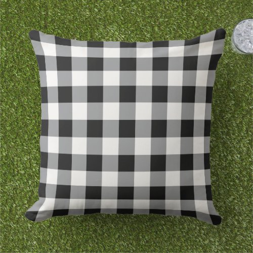 Black and White Gingham Plaid Pattern Outdoor Pillow