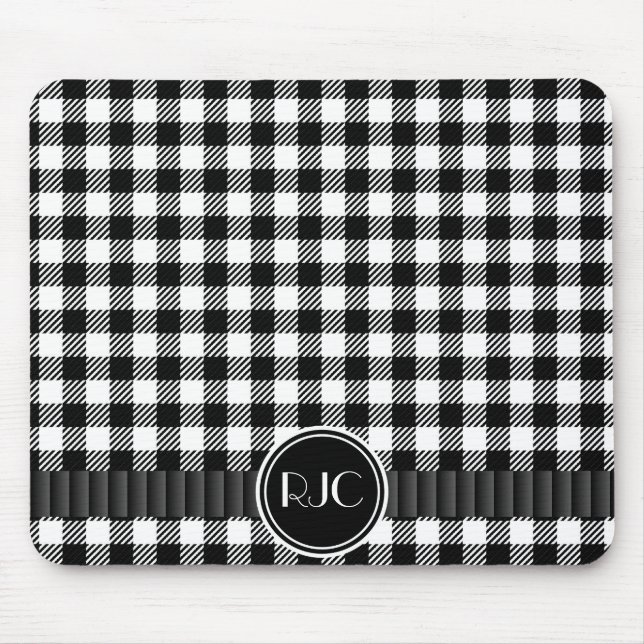 Black And White Gingham Plaid Pattern Personalized Mouse Pad (Front)