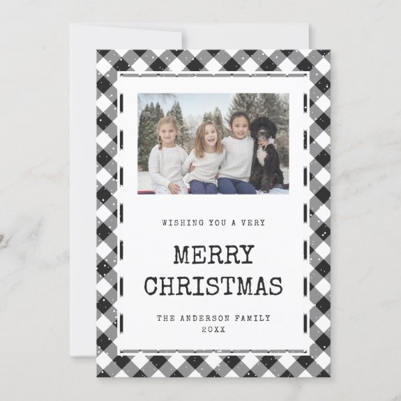 Black and White Gingham Plaid Photo Christmas Card