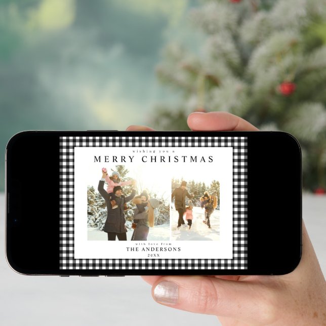 Black and White Gingham Plaid Two Photo Holiday Card (Front Digital)