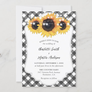 Black and White Gingham Rustic Sunflower Wedding Invitation