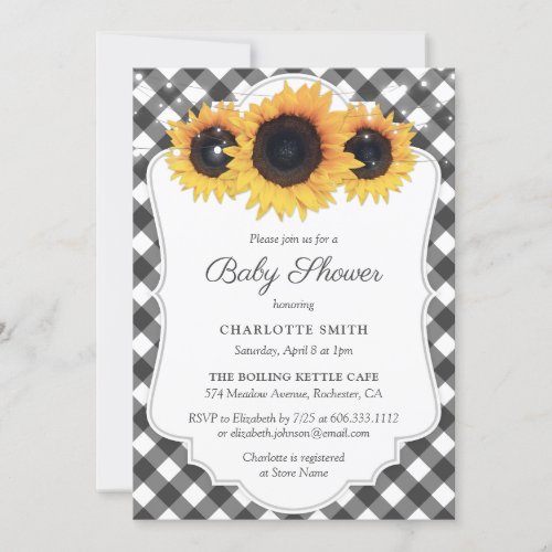 Black and White Gingham Sunflower Baby Shower Invitation