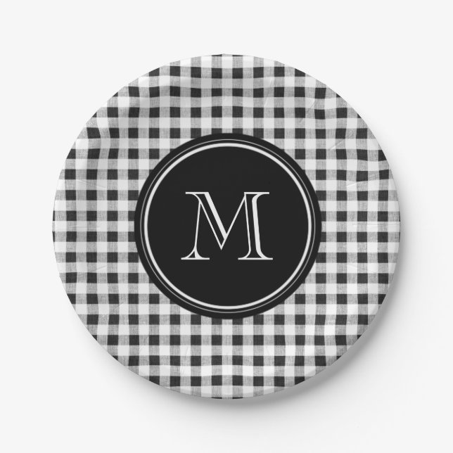 Black and White Gingham, Your Monogram Paper Plates (Front)