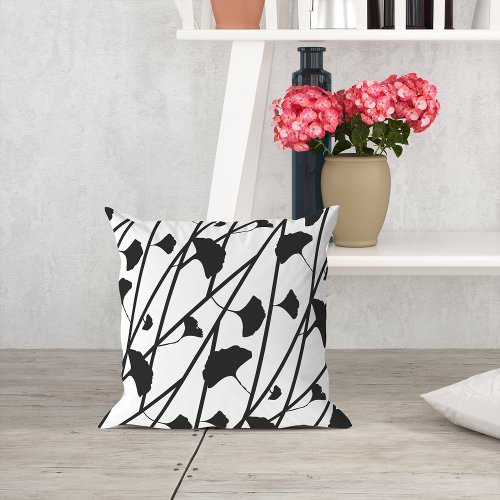 Black and White Ginkgo Leaves Pattern Throw Pillow