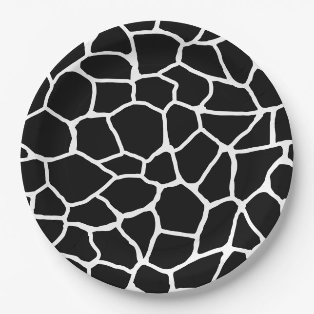 Black and White Giraffe Print Animal Pattern Paper Plates (Front)