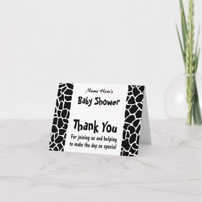 Black and White Giraffe Print Baby Shower Thank You Card (Front)