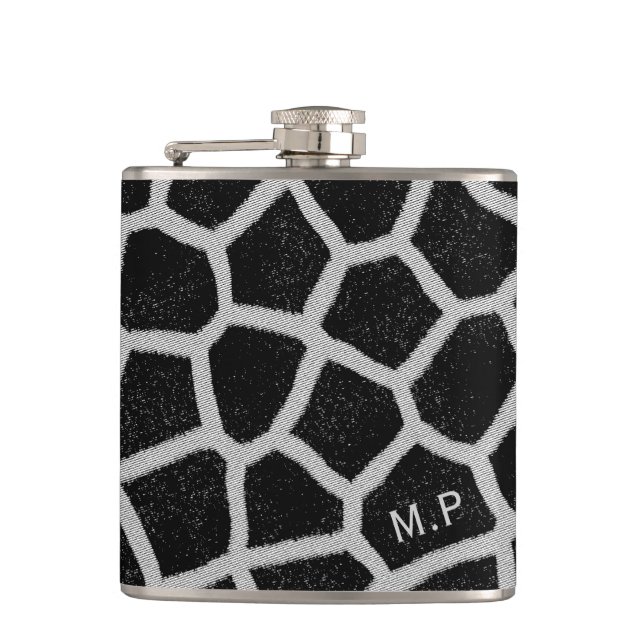 Black and White Giraffe Print Monogram Flask (Front)