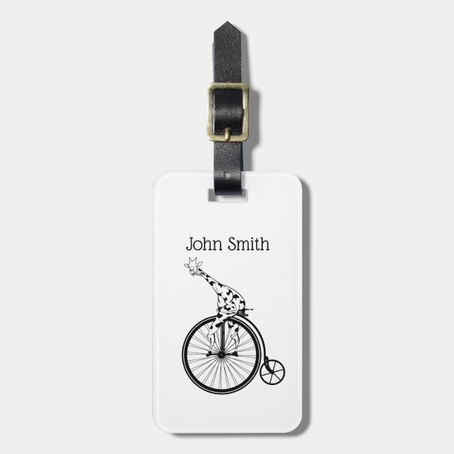 Black and white giraffe riding a bike luggage tag (Front Vertical)