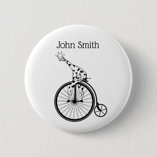 Black and white giraffe riding a bike pinback button