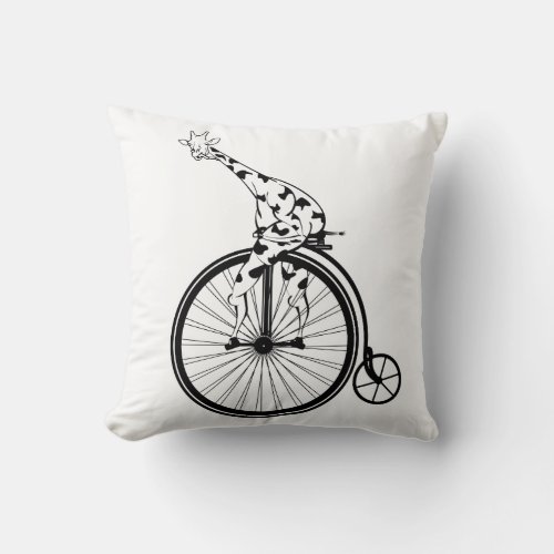 Black and white giraffe riding a bike throw pillow