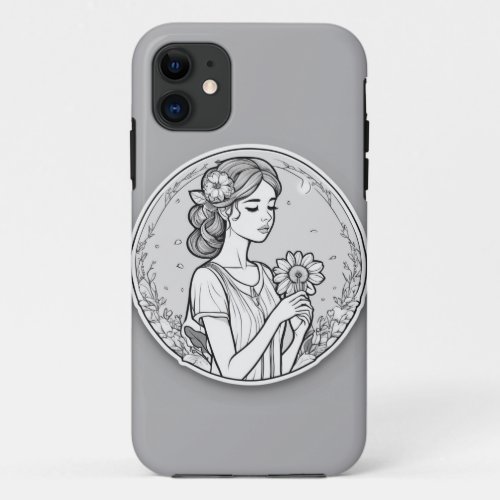 Black and White Girl Holding a Flower iPhone 11 Case