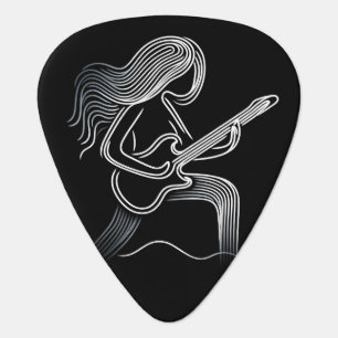 Black and White Girl Wavy Hair Stick Figure Plays Guitar Pick