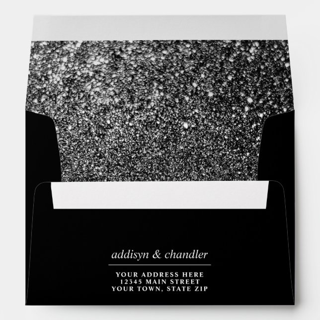 Black and White Glam Chic Modern Wedding Glitter   Envelope (Back (Bottom))