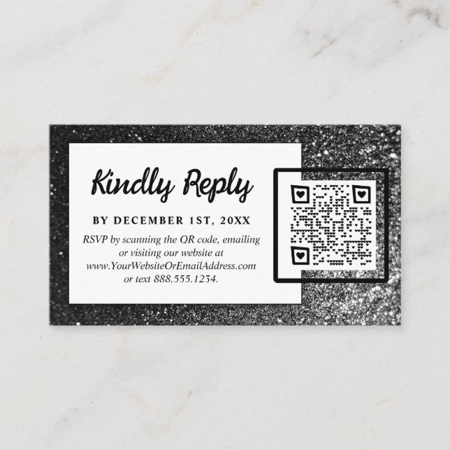 Black and White Glam RSVP Modern Wedding Glitter Enclosure Card (Front)