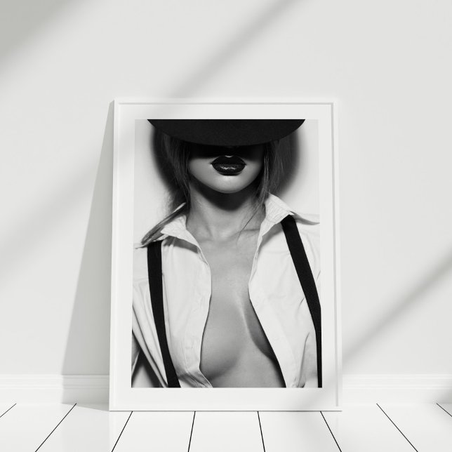 Black and White Glam Woman Fashion Wall Art (Black and White Sexy Fashion Model Poster in white frame on white wooden floor.)