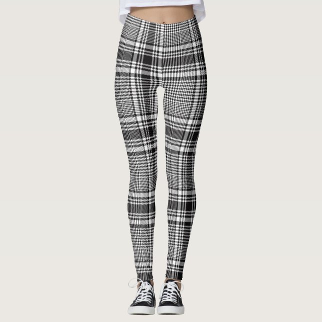 Black And White Glen Check Plaid Pattern Leggings (Front)