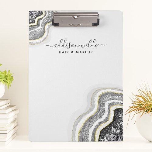 Black And White Glitter Agate Geode Luxe Chic Clipboard