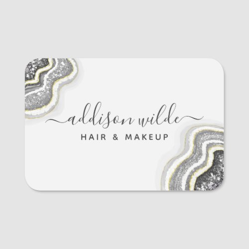 Black And White Glitter Agate Geode Luxe Chic Name Tag