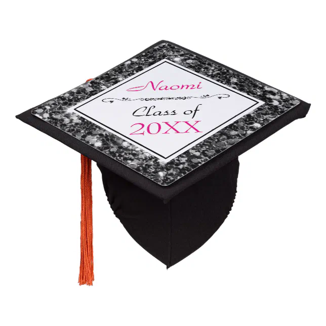 Black And White Glitter And Pink Graduation Cap Topper | Zazzle