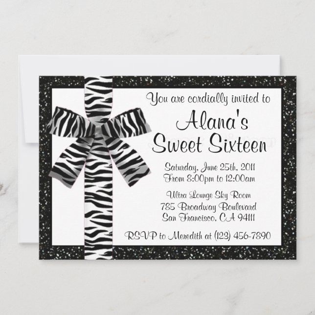 Black and White Glitter Invite With Zebra Bow (Front)