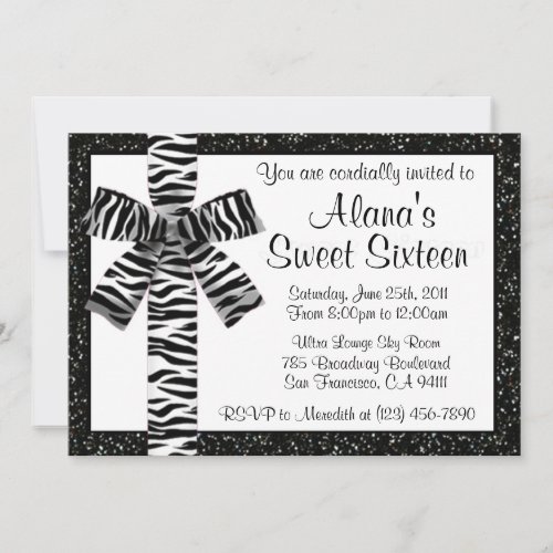 Black and White Glitter Invite With Zebra Bow