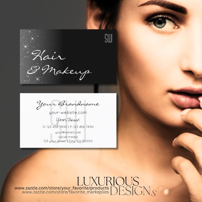 Black and White Glitter Stars with Initials Modern Business Card (Creator Uploaded)