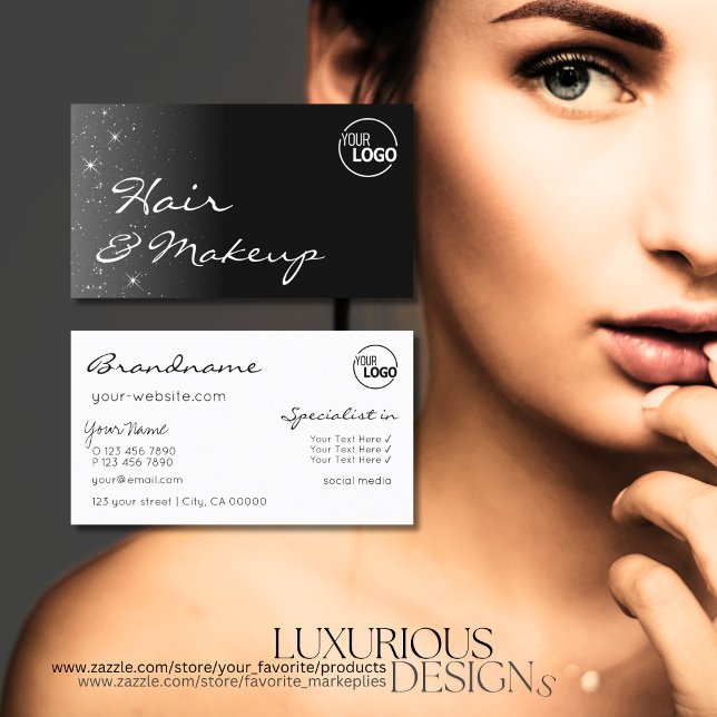 Black and White Glitter Stars with Logo Stylish Business Card (Creator Uploaded)