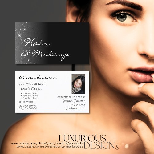 Black and White Glitter Stars with Photo Stylish Business Card