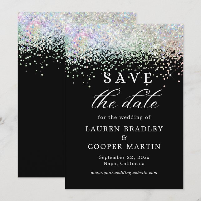Black And White Glitter Wedding Save The Date (Front/Back)