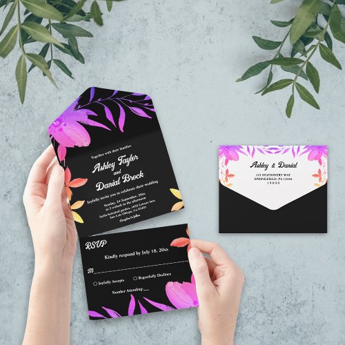 Black And White Glow Neon Colors Floral Wedding All In One Invitation