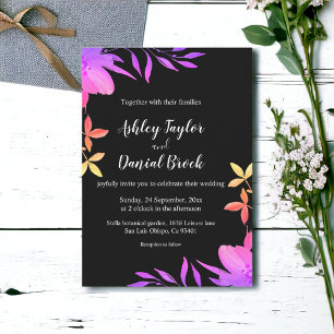 Black And White Glow Neon Colors Floral Wedding Invitation