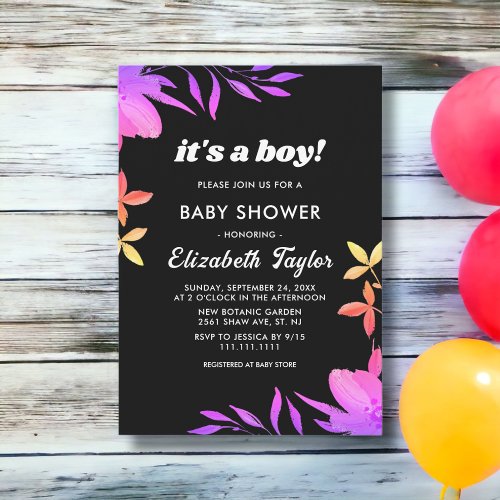 Black And White Glow Neon Floral Boy Baby Shower Invitation