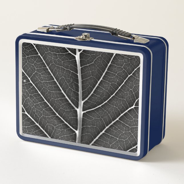 Black and white glowing leaf close-up metal lunch box (Front)