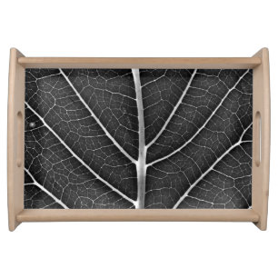 Black and White Glowing Leaf Close-Up Serving Tray