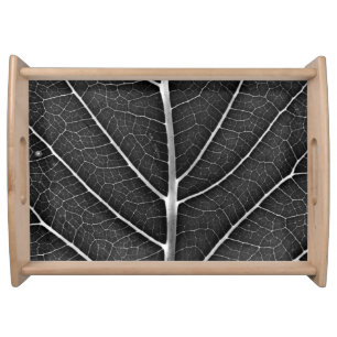 Black and White Glowing Leaf Close-Up Serving Tray