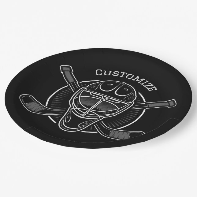 Black And White Goalie Mask Paper Plates (Angled)