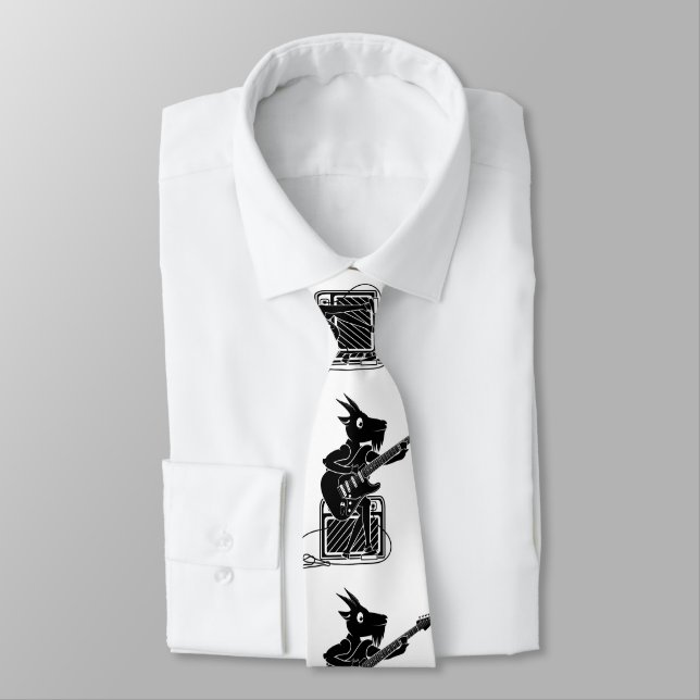 Black and white goat playing an electric guitar neck tie (Tied)