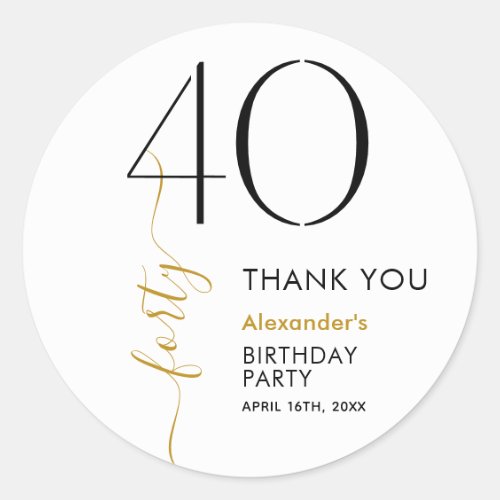 Black and White Gold 40th Birthday Thank You Classic Round Sticker