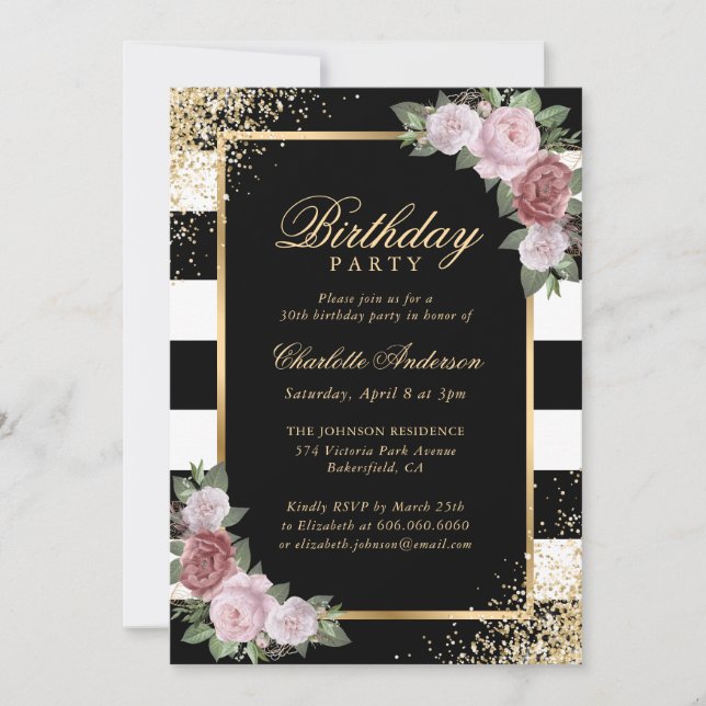 Black and White Gold Blush Floral Birthday Invitation (Front)