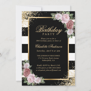Black and White Gold Blush Floral Birthday Invitation