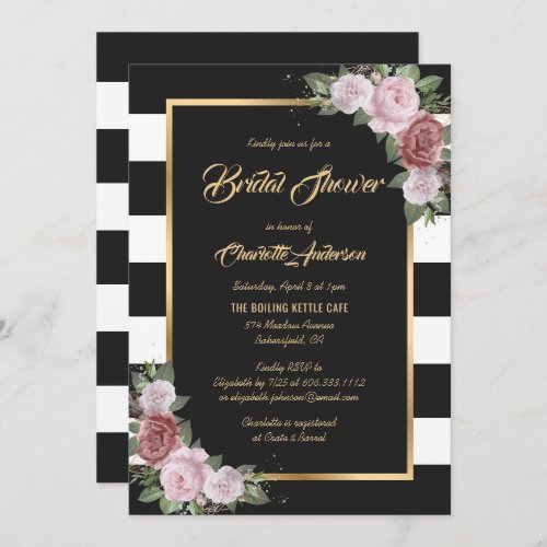 Black and White Gold Blush Floral Bridal Shower Invitation