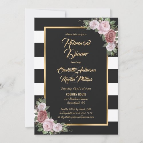 Black and White Gold Blush Floral Rehearsal Dinner Invitation