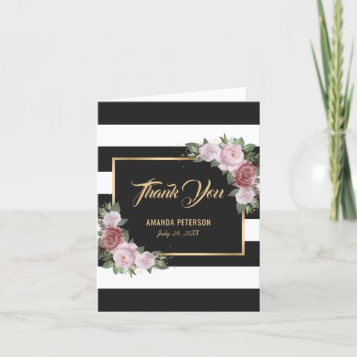 Black and White Gold Blush Floral Thank You Card