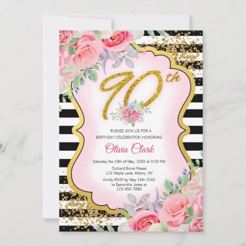 Black and White Gold Confetti Floral 90th Birthday Invitation