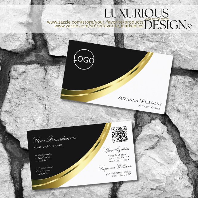 Black and White Gold Decor with Logo & QR-Code Business Card (Creator Uploaded)