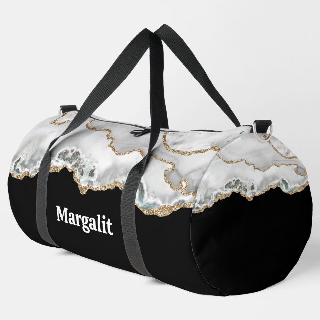 Black and White Gold Faux Glitter Agate Large  Duffle Bag (Left Corner)