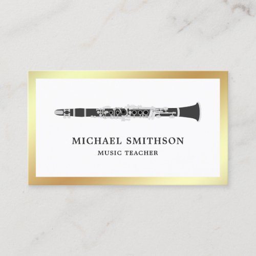 Black and White Gold Foil Clarinet Music Teacher Business Card