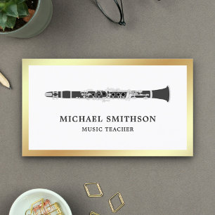 Black and White Gold Foil Clarinet Music Teacher Business Card