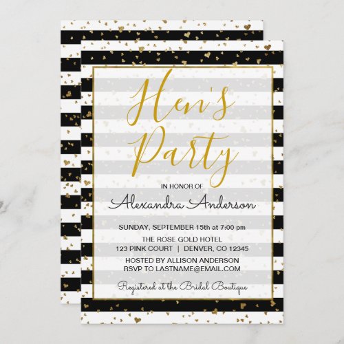 Black and White Gold Foil Hearts Hens Party Invitation